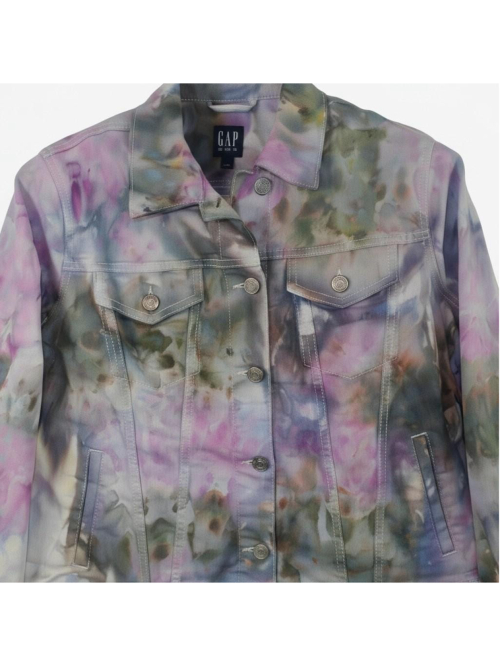 Medium Hand-Dyed Stretch Denim Jacket, Pastel Watercolor Tie Dye, Reclaimed Gap - Picture 4 of 5